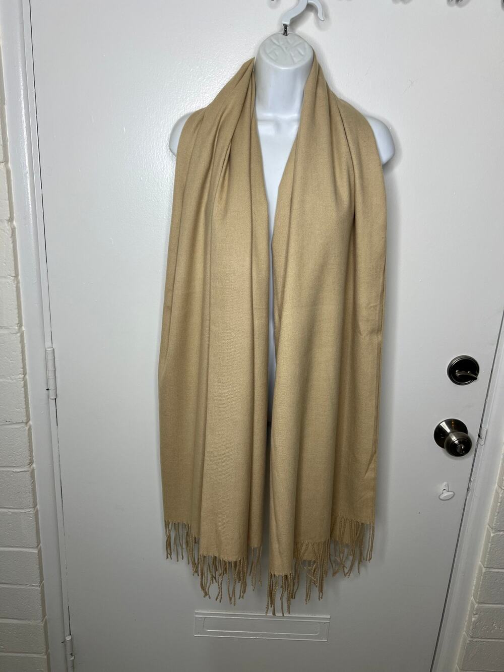 Reemonde Cashmere Blend Thin Knit Fringe Scarf Wrap Shawl Beige ~ 82" by 29.5"